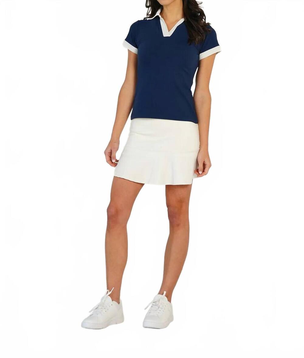 NEW VEEVA riviera collared top in navy and ivory
